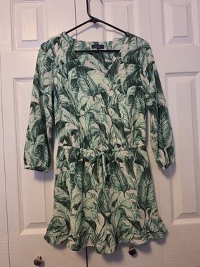 Kaari Blue Green Leaf-Print Long Sleeve Tie-Waist Dress
